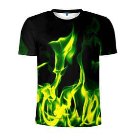 Мужская футболка 3D спортивная с принтом Зелёный огонь в Курске, 100% полиэстер с улучшенными характеристиками | приталенный силуэт, круглая горловина, широкие плечи, сужается к линии бедра | Тематика изображения на принте: пламя | черный | яркий