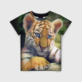 Детская футболка 3D с принтом Тигренок в Курске, 100% гипоаллергенный полиэфир | прямой крой, круглый вырез горловины, длина до линии бедер, чуть спущенное плечо, ткань немного тянется | животные | котенок | кошка. кот | тигр | тигренок