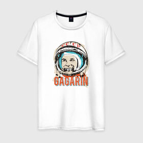 Мужская футболка хлопок с принтом Юрий Гагарин. Первый в космосе в Курске, 100% хлопок | прямой крой, круглый вырез горловины, длина до линии бедер, слегка спущенное плечо. | восток | звезды | космов | первый | ракета | ссср | юрий гагарин