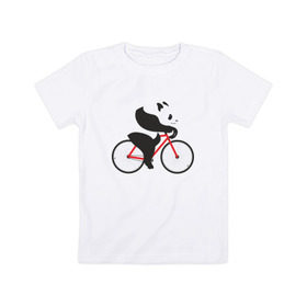 Детская футболка хлопок с принтом Панда на велосипеде в Курске, 100% хлопок | круглый вырез горловины, полуприлегающий силуэт, длина до линии бедер | Тематика изображения на принте: велик | велосипед | медведь | мишка | панда
