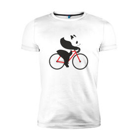 Мужская футболка премиум с принтом Панда на велосипеде в Курске, 92% хлопок, 8% лайкра | приталенный силуэт, круглый вырез ворота, длина до линии бедра, короткий рукав | велик | велосипед | медведь | мишка | панда
