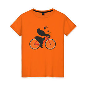 Женская футболка хлопок с принтом Панда на велосипеде в Курске, 100% хлопок | прямой крой, круглый вырез горловины, длина до линии бедер, слегка спущенное плечо | Тематика изображения на принте: велик | велосипед | медведь | мишка | панда
