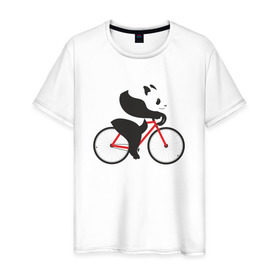 Мужская футболка хлопок с принтом Панда на велосипеде в Курске, 100% хлопок | прямой крой, круглый вырез горловины, длина до линии бедер, слегка спущенное плечо. | велик | велосипед | медведь | мишка | панда