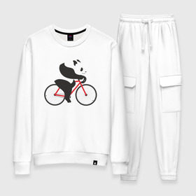 Женский костюм хлопок с принтом Панда на велосипеде в Курске, 100% хлопок | на свитшоте круглая горловина, мягкая резинка по низу. Брюки заужены к низу, на них два вида карманов: два 