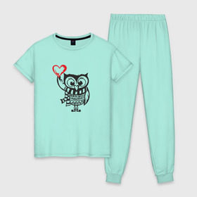 Женская пижама хлопок с принтом Сова с сердцем в Курске, 100% хлопок | брюки и футболка прямого кроя, без карманов, на брюках мягкая резинка на поясе и по низу штанин | owl | сова | совушка