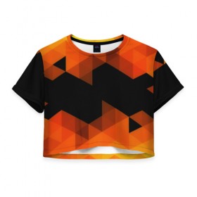 Женская футболка 3D укороченная с принтом Trianse Orange в Курске, 100% полиэстер | круглая горловина, длина футболки до линии талии, рукава с отворотами | оранжевый | полигоны | треугольники | черный