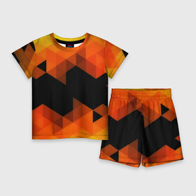 Детский костюм с шортами 3D с принтом Trianse Orange в Курске,  |  | Тематика изображения на принте: оранжевый | полигоны | треугольники | черный