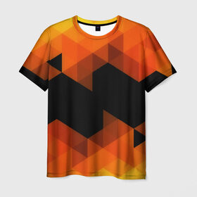 Мужская футболка 3D с принтом Trianse Orange в Курске, 100% полиэфир | прямой крой, круглый вырез горловины, длина до линии бедер | Тематика изображения на принте: оранжевый | полигоны | треугольники | черный