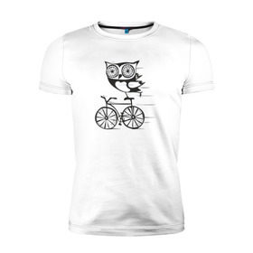 Мужская футболка премиум с принтом Сова на велосипеде в Курске, 92% хлопок, 8% лайкра | приталенный силуэт, круглый вырез ворота, длина до линии бедра, короткий рукав | bird | owl | няша | птица | сова | совунья | совушка | сыч
