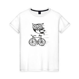 Женская футболка хлопок с принтом Сова на велосипеде в Курске, 100% хлопок | прямой крой, круглый вырез горловины, длина до линии бедер, слегка спущенное плечо | bird | owl | няша | птица | сова | совунья | совушка | сыч