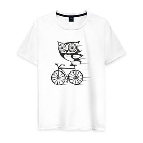 Мужская футболка хлопок с принтом Сова на велосипеде в Курске, 100% хлопок | прямой крой, круглый вырез горловины, длина до линии бедер, слегка спущенное плечо. | Тематика изображения на принте: bird | owl | няша | птица | сова | совунья | совушка | сыч