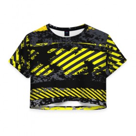 Женская футболка 3D укороченная с принтом Grunge Line в Курске, 100% полиэстер | круглая горловина, длина футболки до линии талии, рукава с отворотами | желтый | полосы | серый | черный