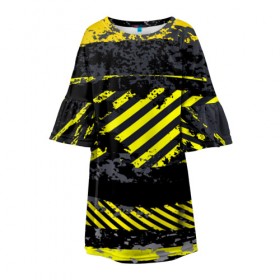 Детское платье 3D с принтом Grunge Line в Курске, 100% полиэстер | прямой силуэт, чуть расширенный к низу. Круглая горловина, на рукавах — воланы | желтый | полосы | серый | черный