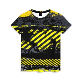 Женская футболка 3D с принтом Grunge Line в Курске, 100% полиэфир ( синтетическое хлопкоподобное полотно) | прямой крой, круглый вырез горловины, длина до линии бедер | Тематика изображения на принте: желтый | полосы | серый | черный