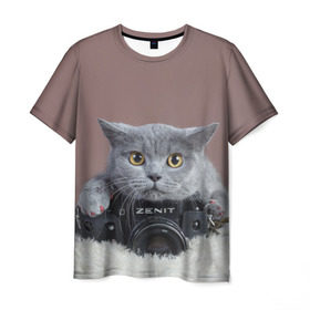 Мужская футболка 3D с принтом Котик фотограф в Курске, 100% полиэфир | прямой крой, круглый вырез горловины, длина до линии бедер | кот | котик | кошка | объектив | фотоаппарат | фотограф