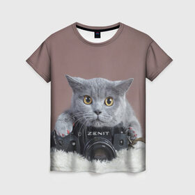 Женская футболка 3D с принтом Котик фотограф в Курске, 100% полиэфир ( синтетическое хлопкоподобное полотно) | прямой крой, круглый вырез горловины, длина до линии бедер | кот | котик | кошка | объектив | фотоаппарат | фотограф