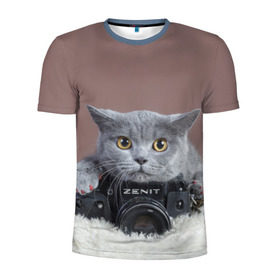 Мужская футболка 3D спортивная с принтом Котик фотограф в Курске, 100% полиэстер с улучшенными характеристиками | приталенный силуэт, круглая горловина, широкие плечи, сужается к линии бедра | кот | котик | кошка | объектив | фотоаппарат | фотограф
