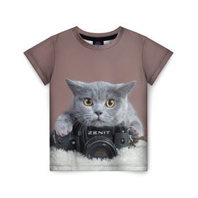 Детская футболка 3D с принтом Котик фотограф в Курске, 100% гипоаллергенный полиэфир | прямой крой, круглый вырез горловины, длина до линии бедер, чуть спущенное плечо, ткань немного тянется | кот | котик | кошка | объектив | фотоаппарат | фотограф