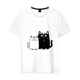 Мужская футболка хлопок с принтом Влюбленные коты в Курске, 100% хлопок | прямой крой, круглый вырез горловины, длина до линии бедер, слегка спущенное плечо. | 14 февраля | влюбленным | девушке | кот | коты | котята. | кошка | любовь | мужчине | парню | подарок
