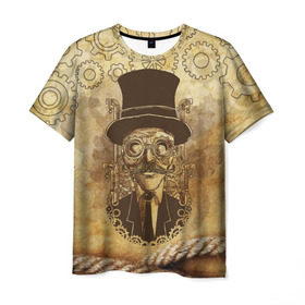 Мужская футболка 3D с принтом Стимпанк человек в Курске, 100% полиэфир | прямой крой, круглый вырез горловины, длина до линии бедер | steampunk | steampunk man | в цилиндре | в шляпе | канат | механизм | стимпанк | усы | человек