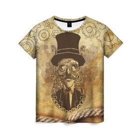 Женская футболка 3D с принтом Стимпанк человек в Курске, 100% полиэфир ( синтетическое хлопкоподобное полотно) | прямой крой, круглый вырез горловины, длина до линии бедер | steampunk | steampunk man | в цилиндре | в шляпе | канат | механизм | стимпанк | усы | человек