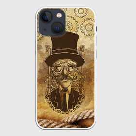 Чехол для iPhone 13 mini с принтом Стимпанк человек в Курске,  |  | steampunk | steampunk man | в цилиндре | в шляпе | канат | механизм | стимпанк | усы | человек
