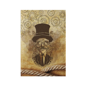 Обложка для паспорта матовая кожа с принтом Стимпанк человек в Курске, натуральная матовая кожа | размер 19,3 х 13,7 см; прозрачные пластиковые крепления | steampunk | steampunk man | в цилиндре | в шляпе | канат | механизм | стимпанк | усы | человек