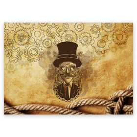 Поздравительная открытка с принтом Стимпанк человек в Курске, 100% бумага | плотность бумаги 280 г/м2, матовая, на обратной стороне линовка и место для марки
 | Тематика изображения на принте: steampunk | steampunk man | в цилиндре | в шляпе | канат | механизм | стимпанк | усы | человек