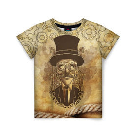 Детская футболка 3D с принтом Стимпанк человек в Курске, 100% гипоаллергенный полиэфир | прямой крой, круглый вырез горловины, длина до линии бедер, чуть спущенное плечо, ткань немного тянется | steampunk | steampunk man | в цилиндре | в шляпе | канат | механизм | стимпанк | усы | человек