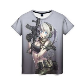 Женская футболка 3D с принтом Девушка с оружием в Курске, 100% полиэфир ( синтетическое хлопкоподобное полотно) | прямой крой, круглый вырез горловины, длина до линии бедер | anime | automatic | beautiful | girl | guns | japanese | автомат | аниме | девушка | красивая | оружие | японский