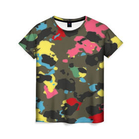 Женская футболка 3D с принтом Цветной камуфляж в Курске, 100% полиэфир ( синтетическое хлопкоподобное полотно) | прямой крой, круглый вырез горловины, длина до линии бедер | маскировка | пестрый | разноцветный | яркий