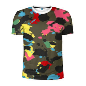 Мужская футболка 3D спортивная с принтом Цветной камуфляж в Курске, 100% полиэстер с улучшенными характеристиками | приталенный силуэт, круглая горловина, широкие плечи, сужается к линии бедра | маскировка | пестрый | разноцветный | яркий