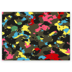 Поздравительная открытка с принтом Цветной камуфляж в Курске, 100% бумага | плотность бумаги 280 г/м2, матовая, на обратной стороне линовка и место для марки
 | маскировка | пестрый | разноцветный | яркий