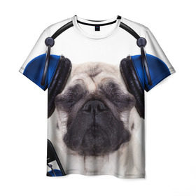 Мужская футболка 3D с принтом Мопс в наушниках в Курске, 100% полиэфир | прямой крой, круглый вырез горловины, длина до линии бедер | дворняжка | домашние животные | любимец | мопс | пес | песик | питомец | собака | собачка