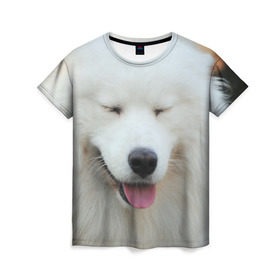 Женская футболка 3D с принтом Самоед в Курске, 100% полиэфир ( синтетическое хлопкоподобное полотно) | прямой крой, круглый вырез горловины, длина до линии бедер | далматин | лабрадор | любимец | овчарка | пес | питомец | самоед | собака | собачка | щенок