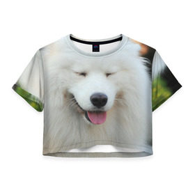 Женская футболка 3D укороченная с принтом Самоед в Курске, 100% полиэстер | круглая горловина, длина футболки до линии талии, рукава с отворотами | далматин | лабрадор | любимец | овчарка | пес | питомец | самоед | собака | собачка | щенок