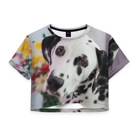 Женская футболка 3D укороченная с принтом Далматин в Курске, 100% полиэстер | круглая горловина, длина футболки до линии талии, рукава с отворотами | акита | акита ину | далматин | далматинец | дворняга | ину | лабрадор | любимец | овчарка | пес | питомец | самоед | сиба | сиба ину | собака | собачка | щенок