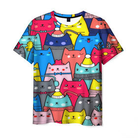 Мужская футболка 3D с принтом Котики в Курске, 100% полиэфир | прямой крой, круглый вырез горловины, длина до линии бедер | Тематика изображения на принте: кошки | паттерн | разноцветный | яркий