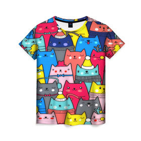 Женская футболка 3D с принтом Котики в Курске, 100% полиэфир ( синтетическое хлопкоподобное полотно) | прямой крой, круглый вырез горловины, длина до линии бедер | Тематика изображения на принте: кошки | паттерн | разноцветный | яркий