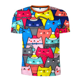 Мужская футболка 3D спортивная с принтом Котики в Курске, 100% полиэстер с улучшенными характеристиками | приталенный силуэт, круглая горловина, широкие плечи, сужается к линии бедра | Тематика изображения на принте: кошки | паттерн | разноцветный | яркий