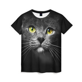 Женская футболка 3D с принтом Кошачий взгляд в Курске, 100% полиэфир ( синтетическое хлопкоподобное полотно) | прямой крой, круглый вырез горловины, длина до линии бедер | Тематика изображения на принте: взгляд | взор | глаза | киска | кот | котёнок | кошка | усы