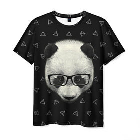 Мужская футболка 3D с принтом Умная панда в Курске, 100% полиэфир | прямой крой, круглый вырез горловины, длина до линии бедер | animal | bear | beast | hipster | panda | smart | животное | зверь | медведь | очки | панда | свэг | умный | хипстер