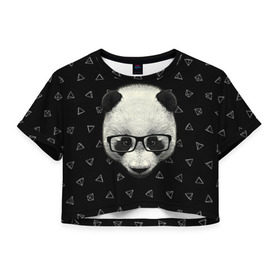 Женская футболка 3D укороченная с принтом Умная панда в Курске, 100% полиэстер | круглая горловина, длина футболки до линии талии, рукава с отворотами | animal | bear | beast | hipster | panda | smart | животное | зверь | медведь | очки | панда | свэг | умный | хипстер
