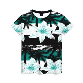 Женская футболка 3D с принтом Тропические цветы в Курске, 100% полиэфир ( синтетическое хлопкоподобное полотно) | прямой крой, круглый вырез горловины, длина до линии бедер | 