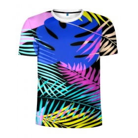 Мужская футболка 3D спортивная с принтом Тропические листья в Курске, 100% полиэстер с улучшенными характеристиками | приталенный силуэт, круглая горловина, широкие плечи, сужается к линии бедра | паттерн | цветы | яркий
