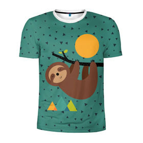 Мужская футболка 3D спортивная с принтом Довольный ленивец в Курске, 100% полиэстер с улучшенными характеристиками | приталенный силуэт, круглая горловина, широкие плечи, сужается к линии бедра | animal | art | bear | beast | nature | sun | арт | животное | зверь | лето | медведь | мишка | природа | солнце