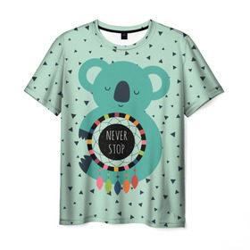 Мужская футболка 3D с принтом Мечтающая коала в Курске, 100% полиэфир | прямой крой, круглый вырез горловины, длина до линии бедер | Тематика изображения на принте: animal | dream | hunter | koala | животное | зверь | коала | ловец снов | мечта