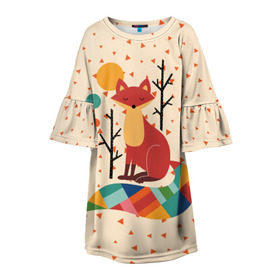 Детское платье 3D с принтом Осенняя лисичка в Курске, 100% полиэстер | прямой силуэт, чуть расширенный к низу. Круглая горловина, на рукавах — воланы | animal | beast | cat | fox | kitty | nature | orange | животное | зверь | кот | котик | кошка | лиса | лисичка | оранжевая | осень | природа