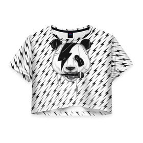 Женская футболка 3D укороченная с принтом Панда вокалист в Курске, 100% полиэстер | круглая горловина, длина футболки до линии талии, рукава с отворотами | animal | bear | beast | metal | music | nature | panda | rock | sound | vocal | вокал | животное | зверь | звук | медведь | меломан | метал | мишка | музыка | панда | природа | рок