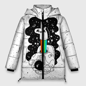 Женская зимняя куртка 3D с принтом Единорог астронавт в Курске, верх — 100% полиэстер; подкладка — 100% полиэстер; утеплитель — 100% полиэстер | длина ниже бедра, силуэт Оверсайз. Есть воротник-стойка, отстегивающийся капюшон и ветрозащитная планка. 

Боковые карманы с листочкой на кнопках и внутренний карман на молнии | astronaut | cosmonaut | cosmos | galaxy | planet | space | star | universe | астронавт | бесконечность | вселенная | галактика | единорог | звезды | космонавт | космос | планета